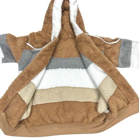 Womens XL Brown/Tan/Gray Stripe Colorblock Zip Front Cuddly Fuzzy Hooded Jacket - Picture 14 of 14